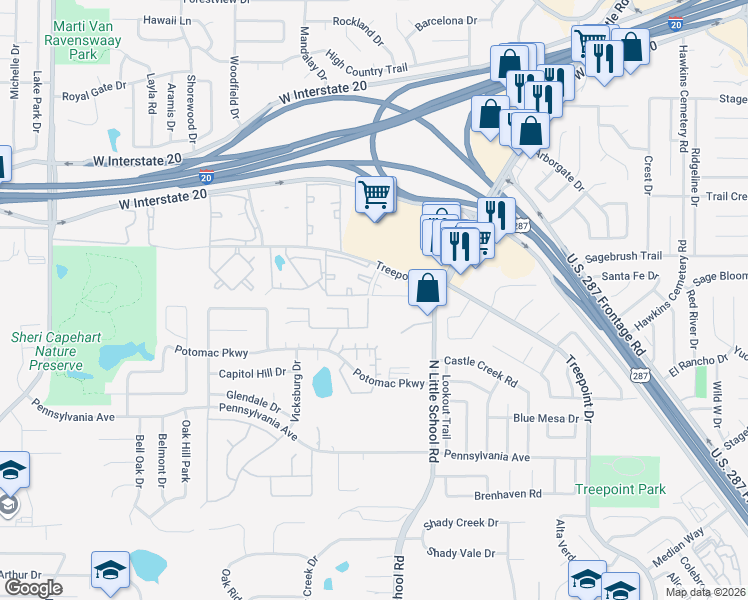 map of restaurants, bars, coffee shops, grocery stores, and more near 5017 Southpoint Drive in Arlington