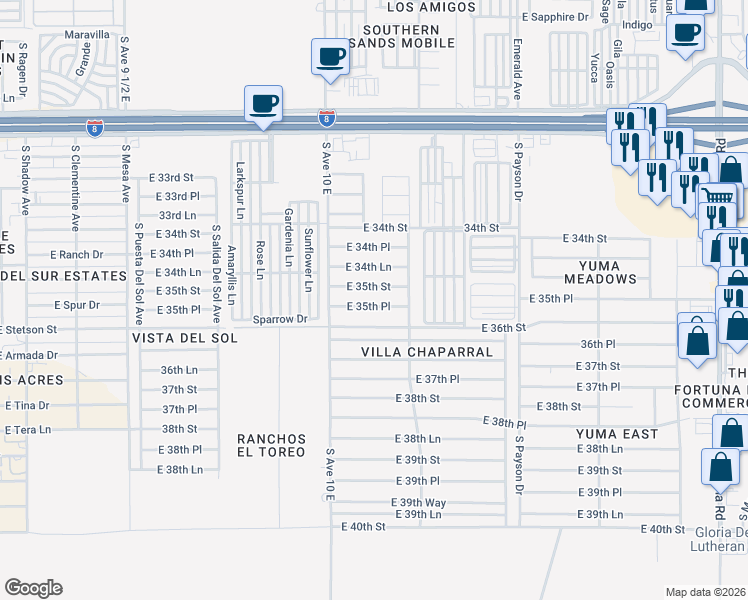 map of restaurants, bars, coffee shops, grocery stores, and more near 10196 East 35th Place in Yuma