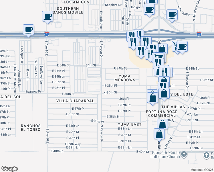 map of restaurants, bars, coffee shops, grocery stores, and more near 10647 East 35th Place in Yuma