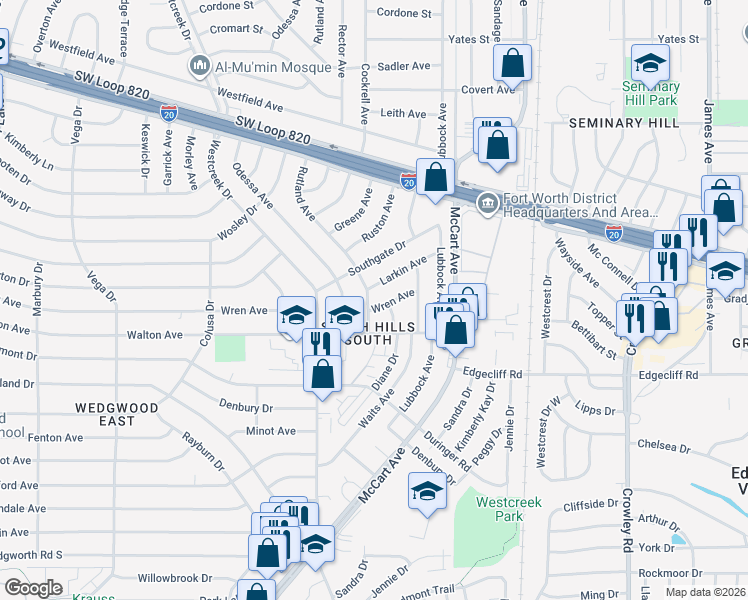 map of restaurants, bars, coffee shops, grocery stores, and more near 5455 Rutland Avenue in Fort Worth
