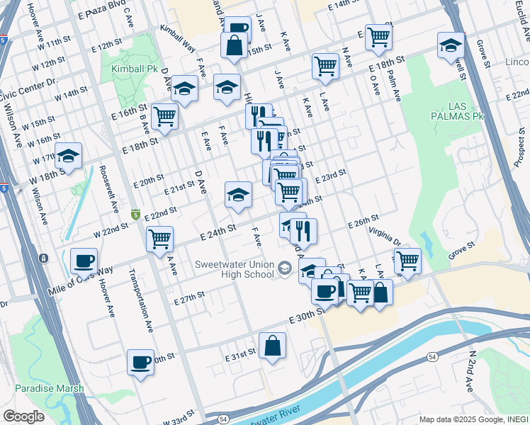 map of restaurants, bars, coffee shops, grocery stores, and more near 2332 G Avenue in National City