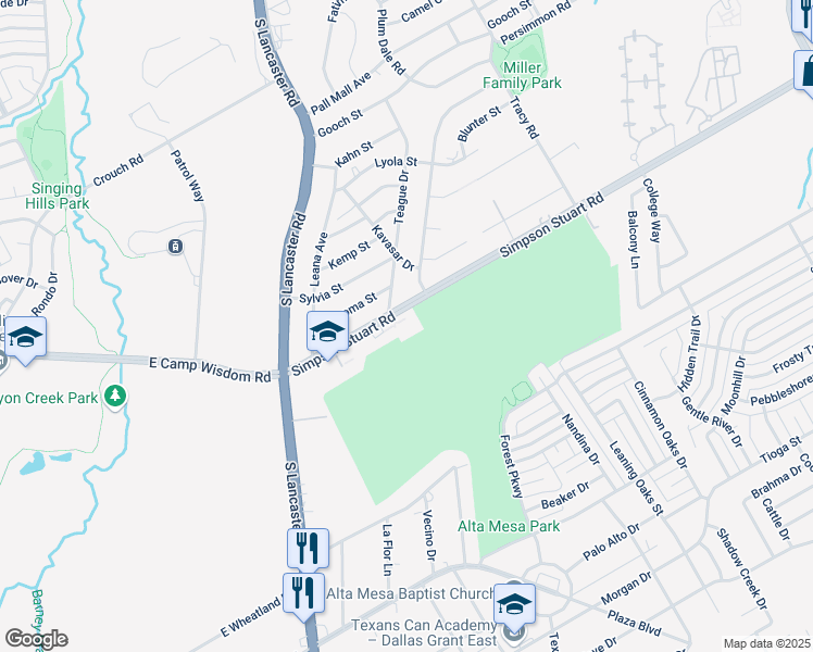 map of restaurants, bars, coffee shops, grocery stores, and more near 2630 Simpson Stuart Road in Dallas
