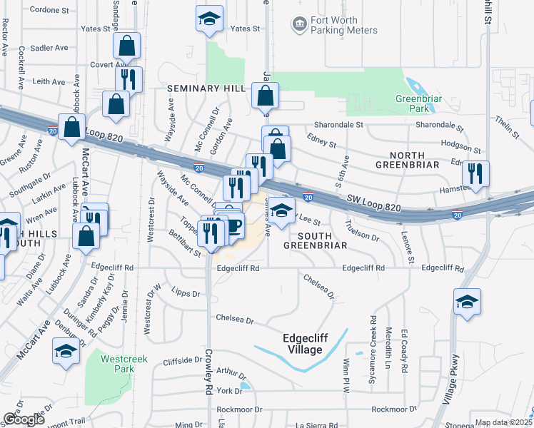 map of restaurants, bars, coffee shops, grocery stores, and more near 5612 James Avenue in Fort Worth