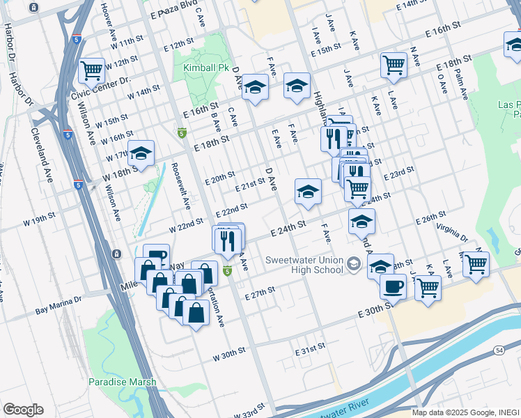 map of restaurants, bars, coffee shops, grocery stores, and more near 312 East 22nd Street in National City
