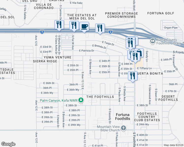 map of restaurants, bars, coffee shops, grocery stores, and more near 12501-12575 E 35th Pl in Yuma