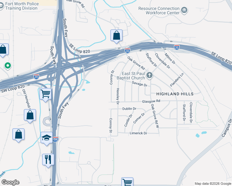 map of restaurants, bars, coffee shops, grocery stores, and more near 5436 Hensley Drive in Fort Worth