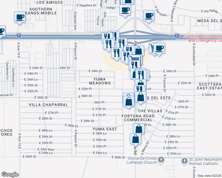 map of restaurants, bars, coffee shops, grocery stores, and more near 10568 East 35th Place in Yuma