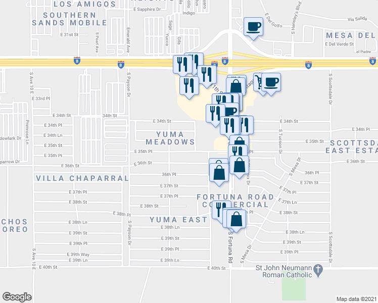 map of restaurants, bars, coffee shops, grocery stores, and more near 10714 East 35th Place in Yuma