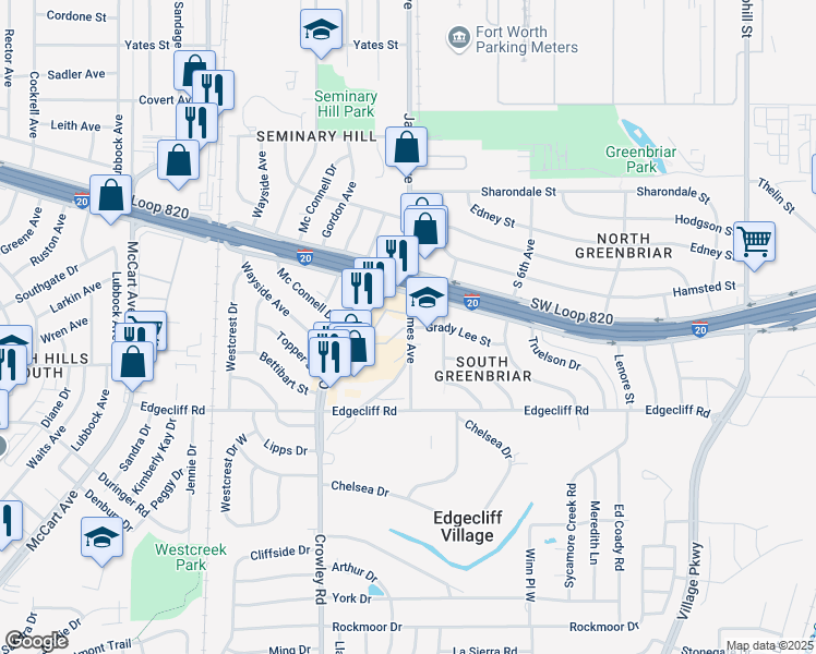map of restaurants, bars, coffee shops, grocery stores, and more near 5612 James Avenue in Fort Worth
