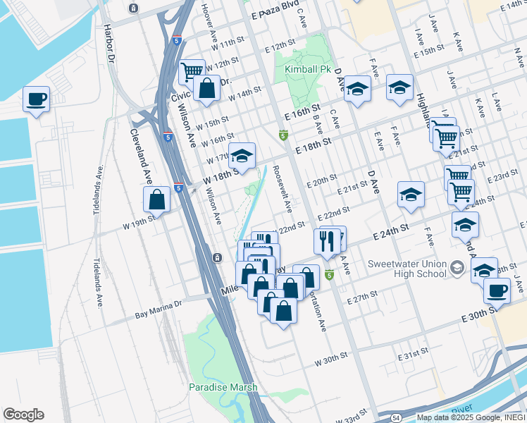 map of restaurants, bars, coffee shops, grocery stores, and more near 2120 Hoover Avenue in National City