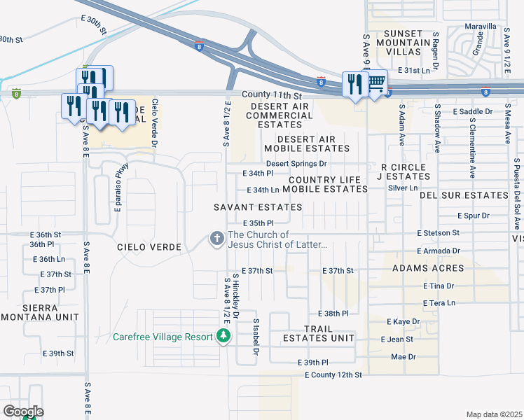 map of restaurants, bars, coffee shops, grocery stores, and more near 8639 East 35th Street in Yuma