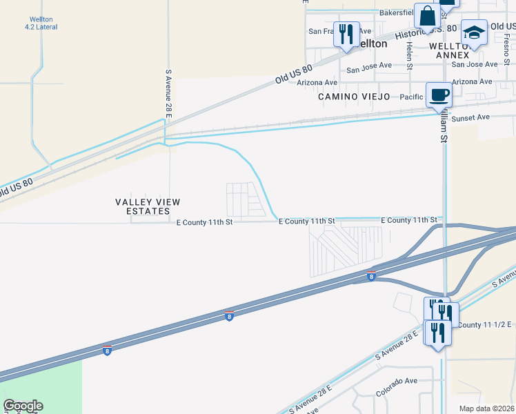 map of restaurants, bars, coffee shops, grocery stores, and more near 28320 East County 11th Street in Wellton