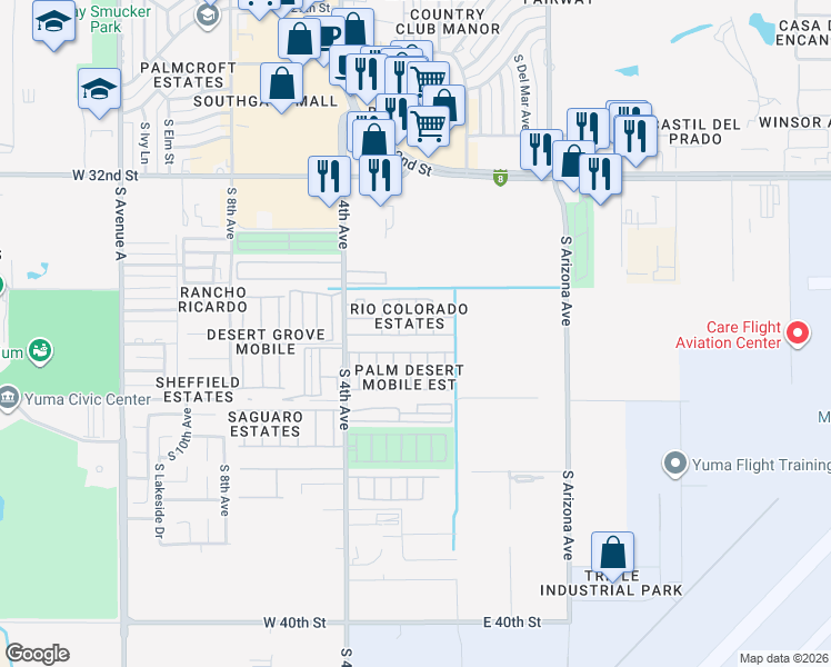 map of restaurants, bars, coffee shops, grocery stores, and more near 134 West Casa Blanca Drive in Yuma
