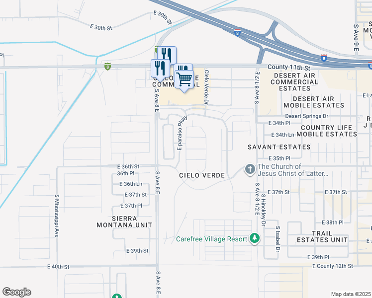 map of restaurants, bars, coffee shops, grocery stores, and more near East 35th Place in Yuma