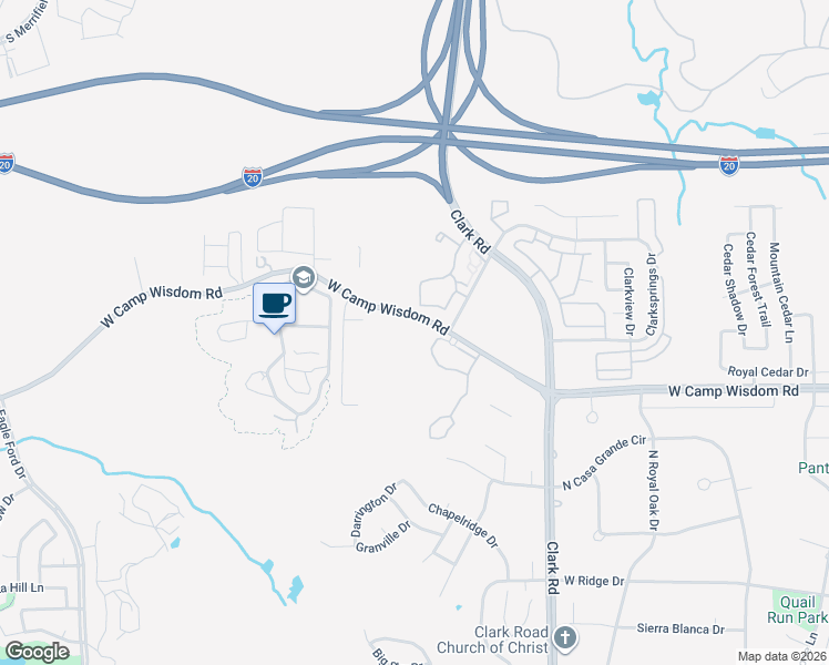 map of restaurants, bars, coffee shops, grocery stores, and more near 7214-7408 West Camp Wisdom Road in Dallas
