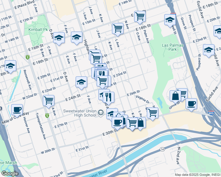 map of restaurants, bars, coffee shops, grocery stores, and more near 2503 I Avenue in National City