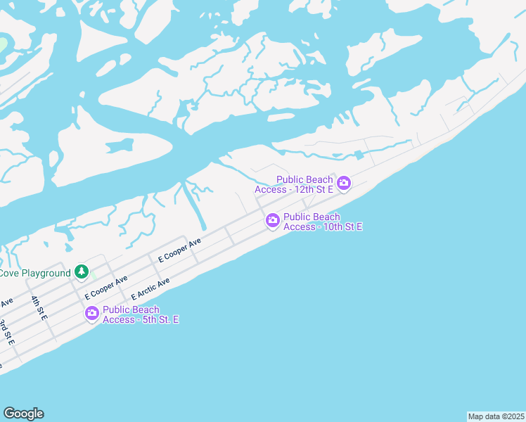 map of restaurants, bars, coffee shops, grocery stores, and more near 10th Street East in Folly Beach