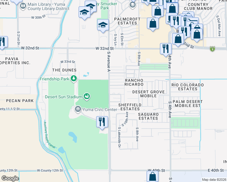 map of restaurants, bars, coffee shops, grocery stores, and more near 1186 West Kings Lane in Yuma