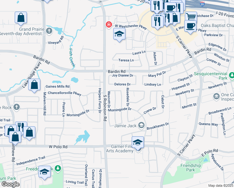 map of restaurants, bars, coffee shops, grocery stores, and more near 4421 Forsyth Lane in Grand Prairie