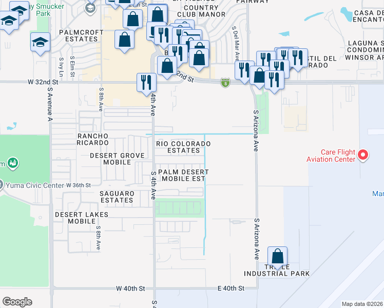 map of restaurants, bars, coffee shops, grocery stores, and more near 134 West Casa Blanca Drive in Yuma