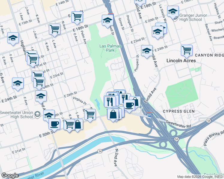 map of restaurants, bars, coffee shops, grocery stores, and more near 2702 Grove Street in National City