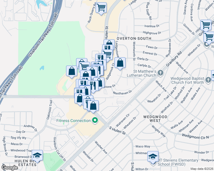 map of restaurants, bars, coffee shops, grocery stores, and more near 5805 Ridgerock Court in Fort Worth