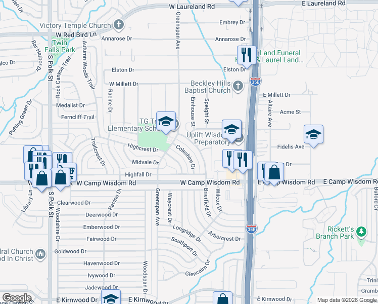 map of restaurants, bars, coffee shops, grocery stores, and more near 6918 Coleshire Drive in Dallas