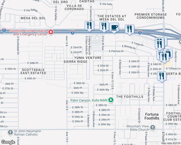 map of restaurants, bars, coffee shops, grocery stores, and more near 11460 South Maria Rosa Drive in Yuma