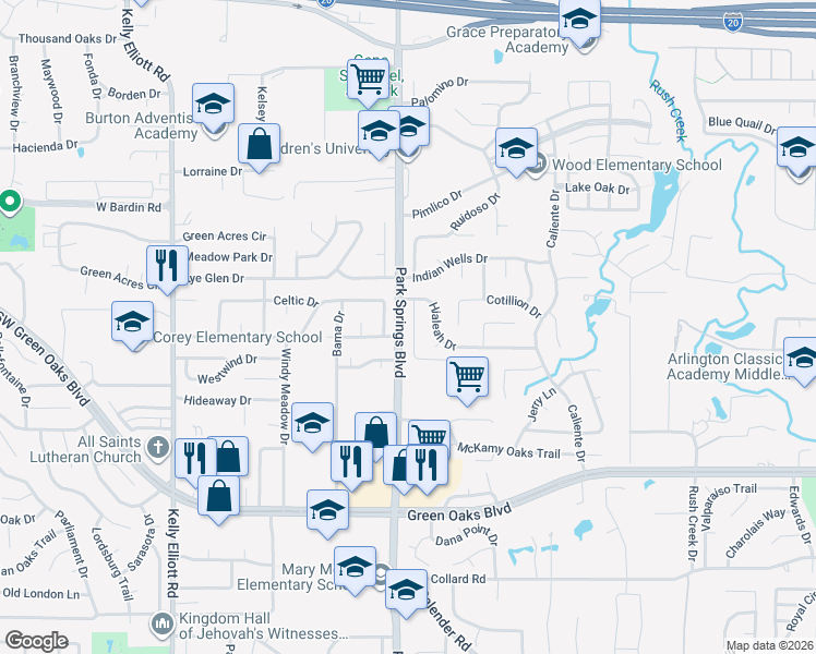 map of restaurants, bars, coffee shops, grocery stores, and more near 3800 Drew Lane in Arlington