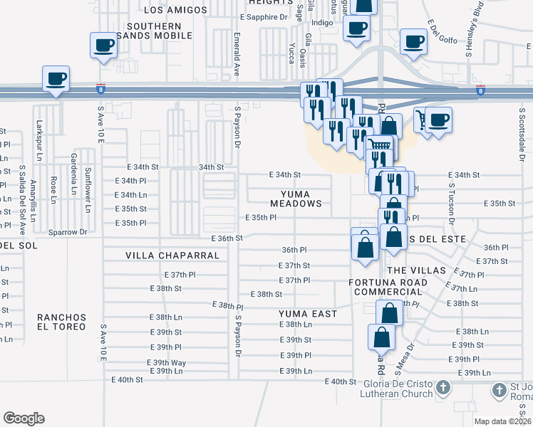 map of restaurants, bars, coffee shops, grocery stores, and more near 10547 East 35th Place in Yuma