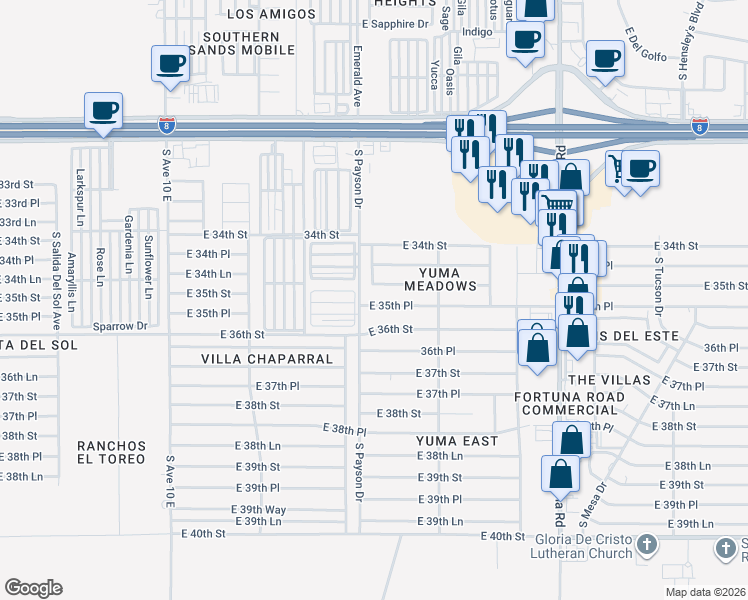 map of restaurants, bars, coffee shops, grocery stores, and more near 10547 East 35th Place in Yuma