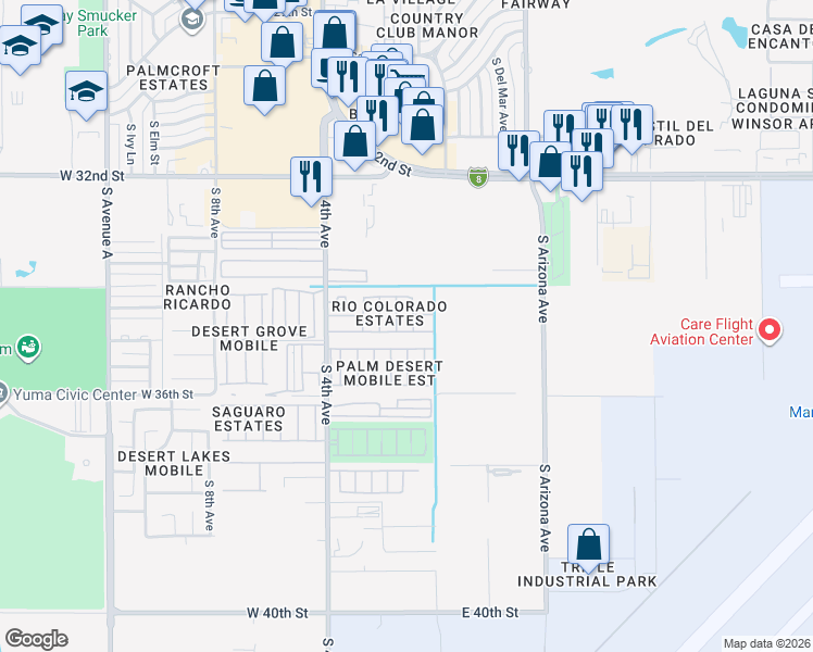 map of restaurants, bars, coffee shops, grocery stores, and more near 134 West Casa Blanca Drive in Yuma
