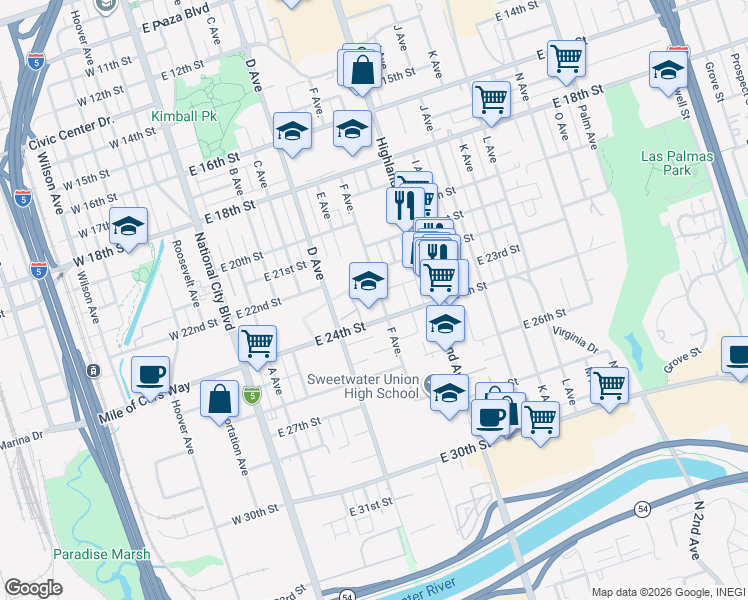 map of restaurants, bars, coffee shops, grocery stores, and more near 2312 F Avenue in National City