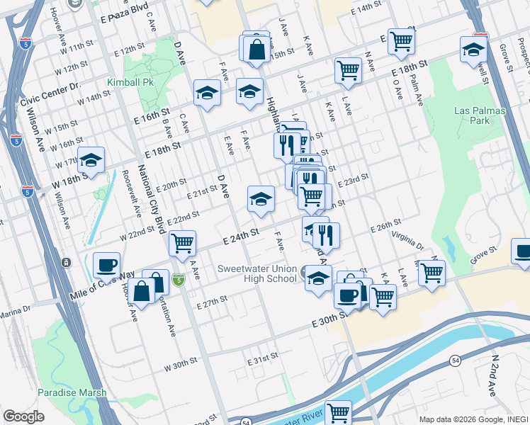 map of restaurants, bars, coffee shops, grocery stores, and more near 2312 F Avenue in National City