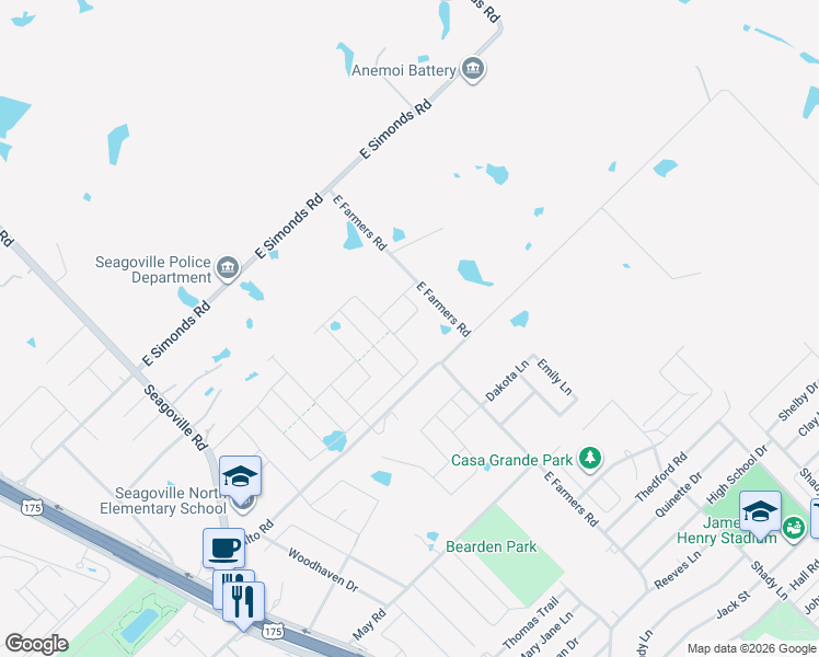 map of restaurants, bars, coffee shops, grocery stores, and more near 1801 East Farmers Road in Seagoville