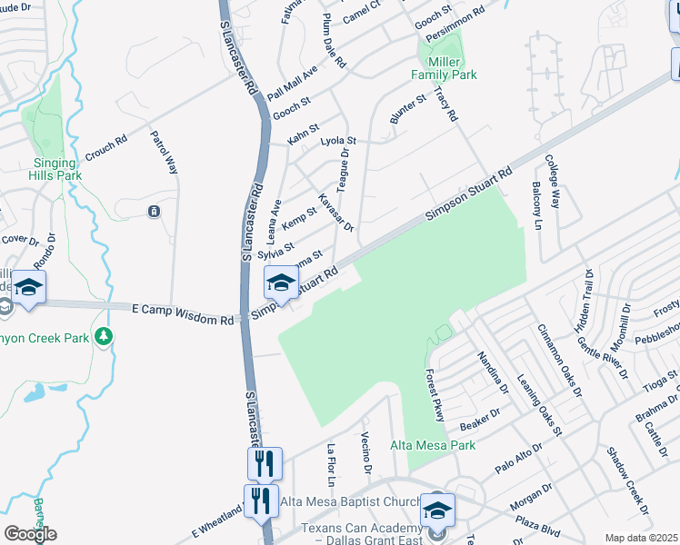 map of restaurants, bars, coffee shops, grocery stores, and more near 2630 Simpson Stuart Road in Dallas