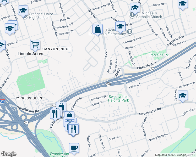 map of restaurants, bars, coffee shops, grocery stores, and more near 3320 Reo Drive in San Diego
