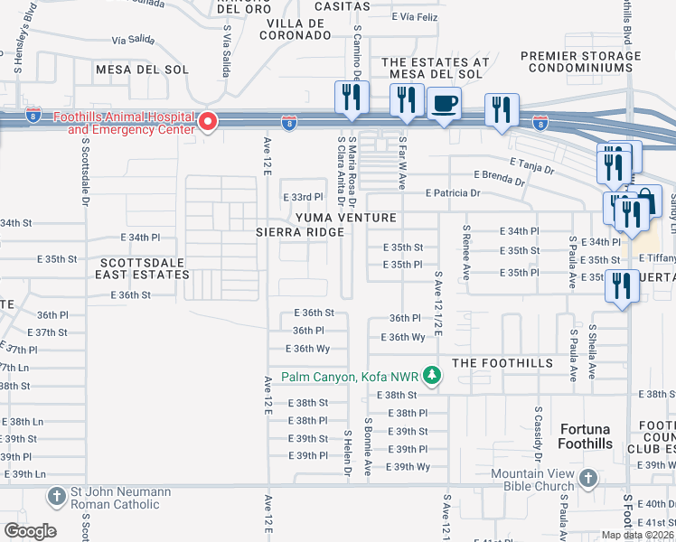 map of restaurants, bars, coffee shops, grocery stores, and more near 11460 South Maria Rosa Drive in Yuma
