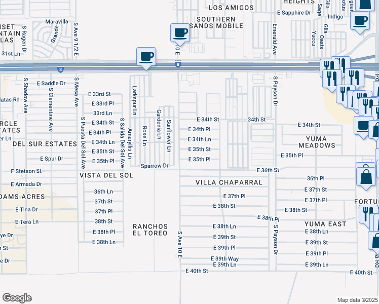 map of restaurants, bars, coffee shops, grocery stores, and more near 10145 East 35th Street in Yuma