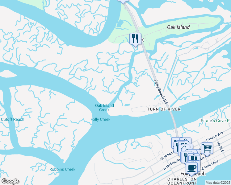 map of restaurants, bars, coffee shops, grocery stores, and more near 110 Mariners Cay Drive in Folly Beach
