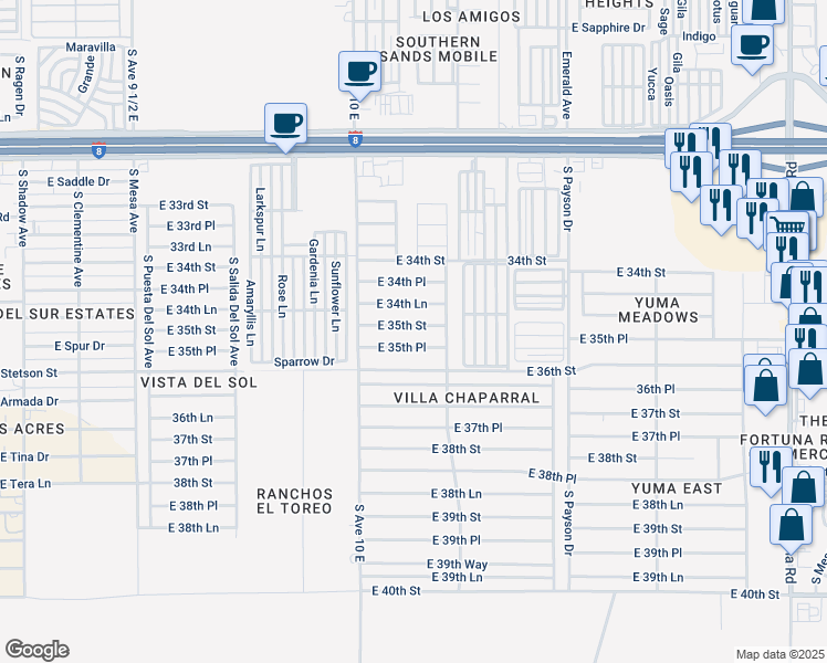 map of restaurants, bars, coffee shops, grocery stores, and more near 10203 East 35th Street in Yuma