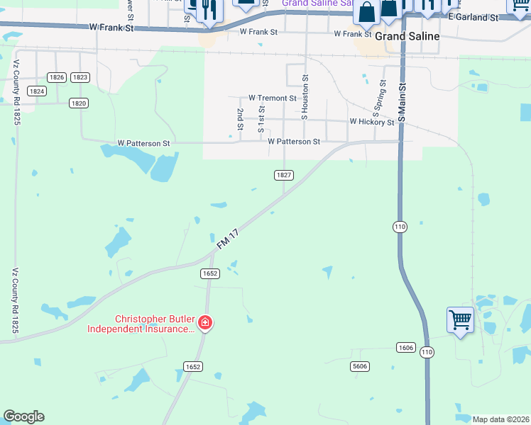 map of restaurants, bars, coffee shops, grocery stores, and more near 7687 Farm to Market Road 17 in Grand Saline