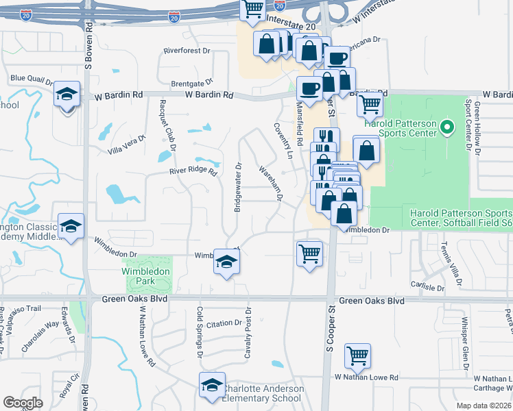 map of restaurants, bars, coffee shops, grocery stores, and more near 5108 Wareham Drive in Arlington