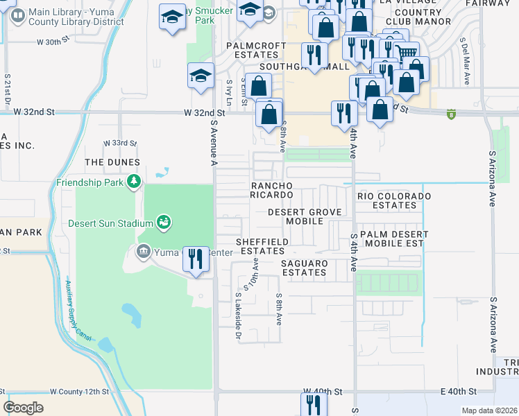 map of restaurants, bars, coffee shops, grocery stores, and more near 934 West 34th Place in Yuma