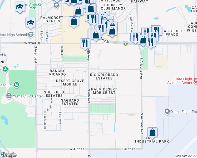 map of restaurants, bars, coffee shops, grocery stores, and more near 221 West Casa Blanca Drive in Yuma
