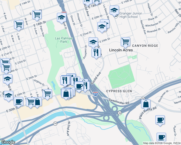 map of restaurants, bars, coffee shops, grocery stores, and more near 2311 Ridgeway Drive in National City
