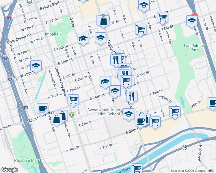 map of restaurants, bars, coffee shops, grocery stores, and more near 541 East 24th Street in National City