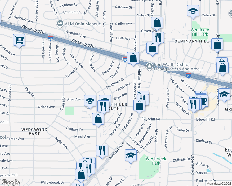 map of restaurants, bars, coffee shops, grocery stores, and more near 2824 Wren Avenue in Fort Worth