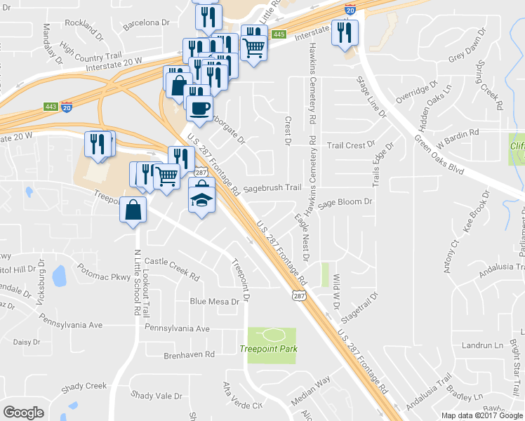 map of restaurants, bars, coffee shops, grocery stores, and more near 5024 Stage West Drive in Arlington