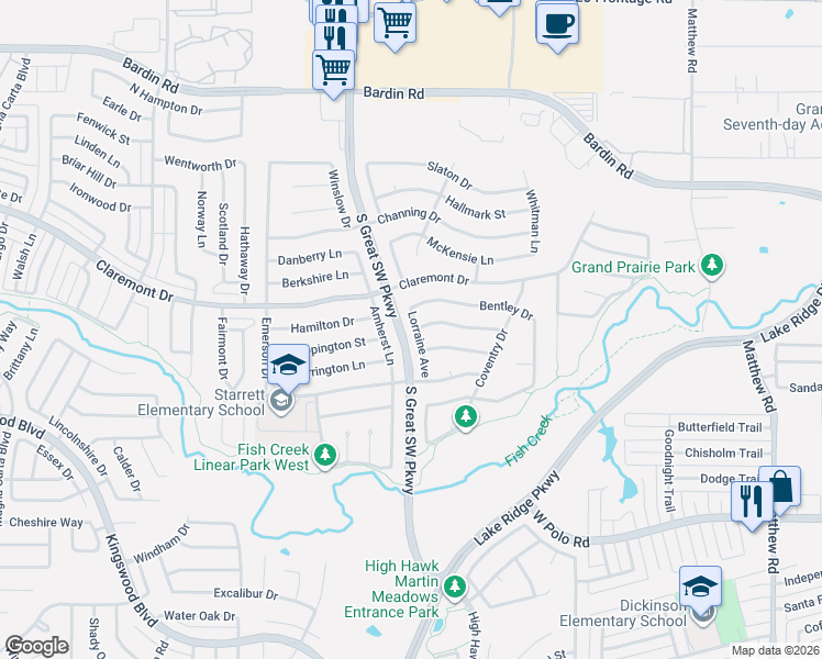 map of restaurants, bars, coffee shops, grocery stores, and more near 4409 Amherst Lane in Grand Prairie